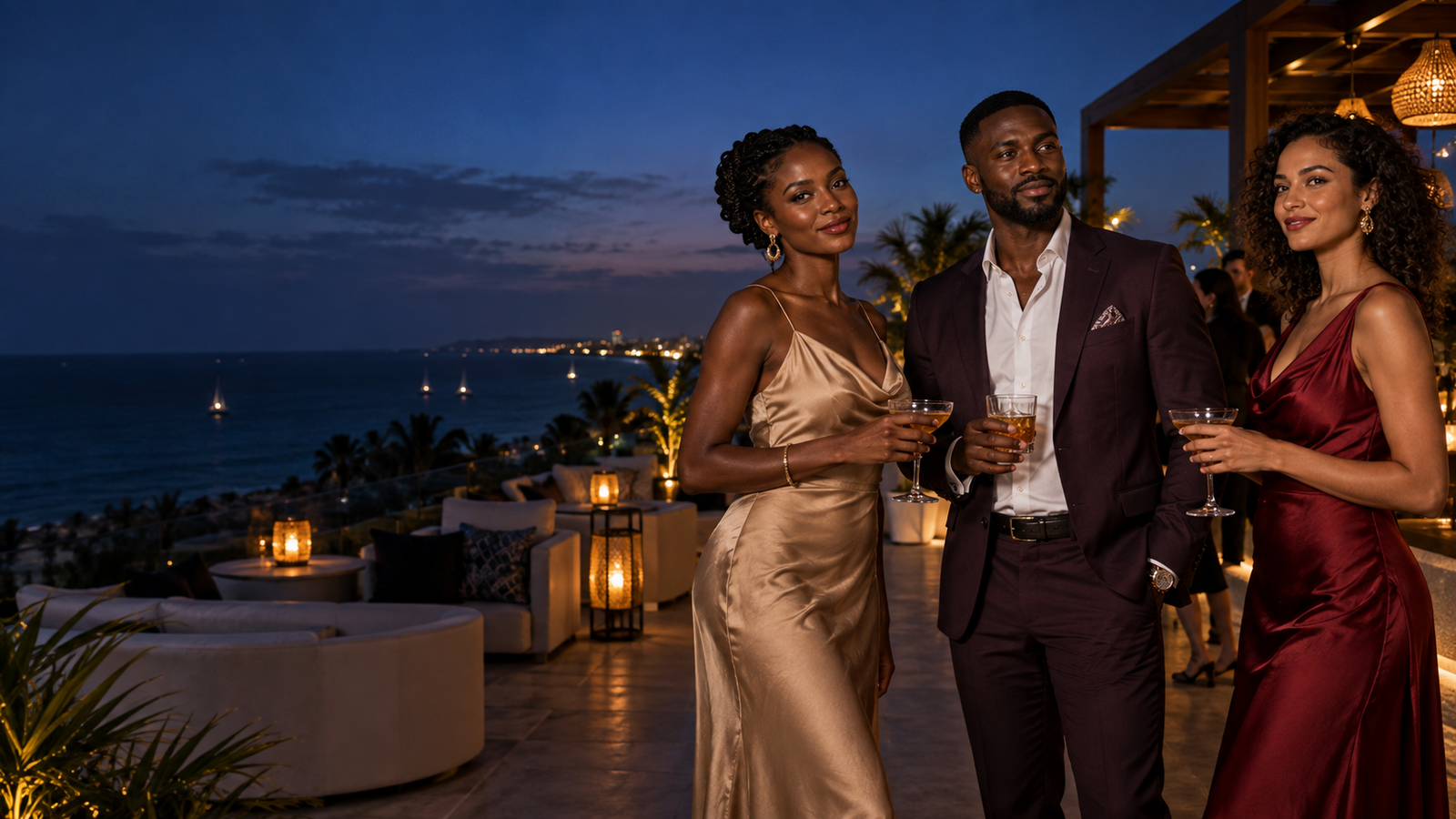 Adults enjoying an elegant coastal social event